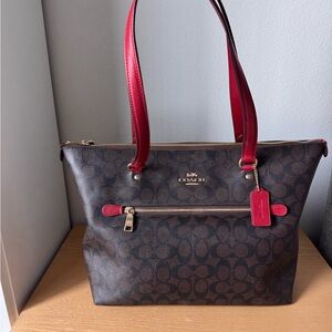 Coach Brown and Red Signature Tote Bag with wallet